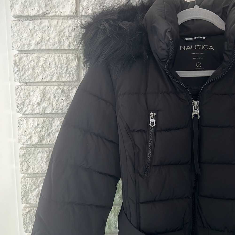 Nautica Black Puffer Jacket with Faux Fur Hood